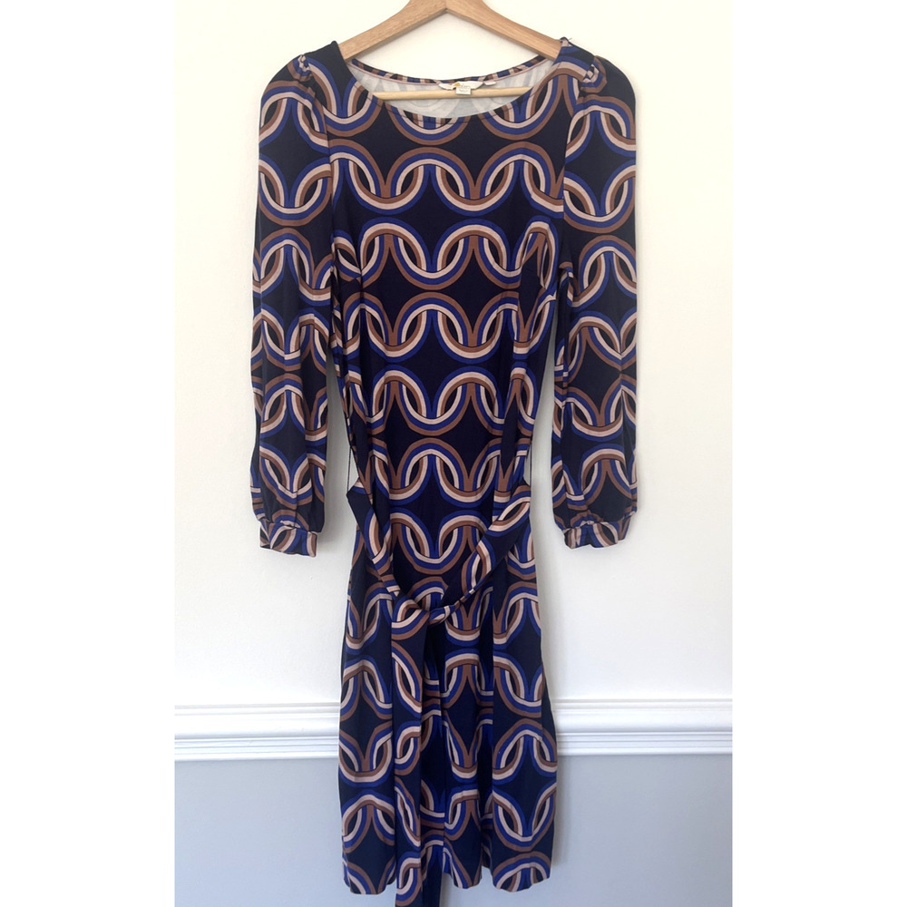 Boden Jersey Tie Shift Dress Size‎ 4L Navy Blue Pink Geometric Print